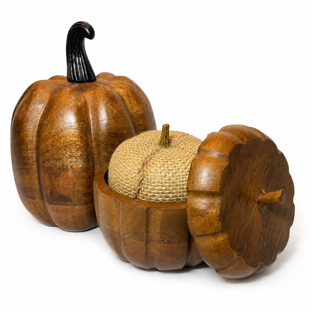 Wooden Pumpkin Decor Set of 3 Carved Box Burlap Fall Harvest Halloween